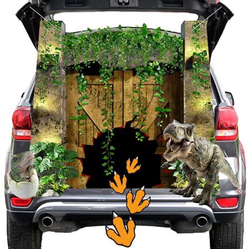 Halloween Trunk or Treat Car Decoration Kit Dinosaur Jungle Theme Car Decoration Dinosaur Sign Halloween Decor for Car SUV Archway Entryway Garage Door Decor Party Supply