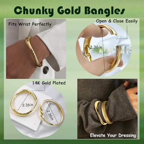Chunky Gold Cuff Bangles for Women Wide Hinged Bangle Bracelets Statement Thick Cuff Bracelet Stack Chunky 14K Gold Plated Bangle Set4