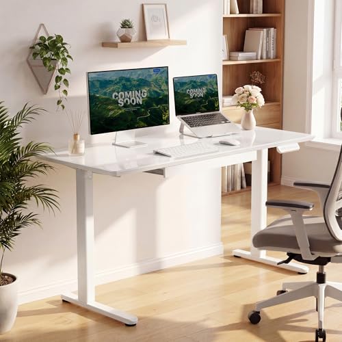 Image of YDN Glass Standing Desk with Drawer, 55 x 24 Inches Electric Adjustable Height Desk, Sit Stand Home Office Desk with Tempered Glass Top, 4 Memory Presets Ergonomic Computer Desk, Super White
