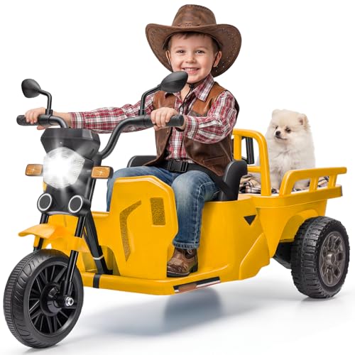 Moto Electrica Niños con Plataforma de Remolque y Pala, 12V Triciclo Eléctrico Infantil con Luz Indicadora de Encendido, Motores Dobles, Velocidad Ajustable, Luces LED, Música y Bluetooth, USB&AUX, 3+