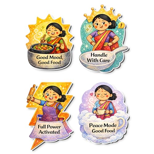 Image of Regalo Casila Kitchen Fridge Magnets Set of 4 Good Mood Good Food Full Power Activated Peace Mode Good Food Handle with Care Wooden Laser Cut Refrigerator Magnet Decor