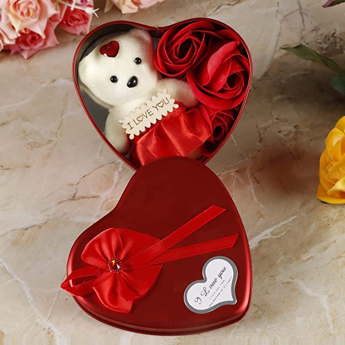 Prezzie Hub, Flower Gift Box, Valentines Day Gift, Women Day, Giveaway Creative Gift Bear Rose Flower Heart-Shaped Tin Box Packaging with Flowers: (Red)-image-39