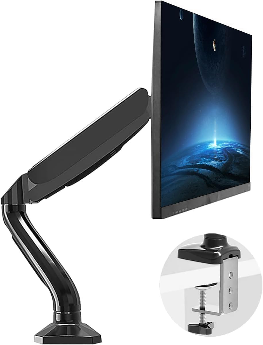 – Monitor Desk Mount Stand Single Computer Monitor Arm Gas Spring Monitor Riser Height and Tilt Angle Adjustable for 13" to 27" Screens VESA 75X75 100X100 with Clamp and Grommet Base
