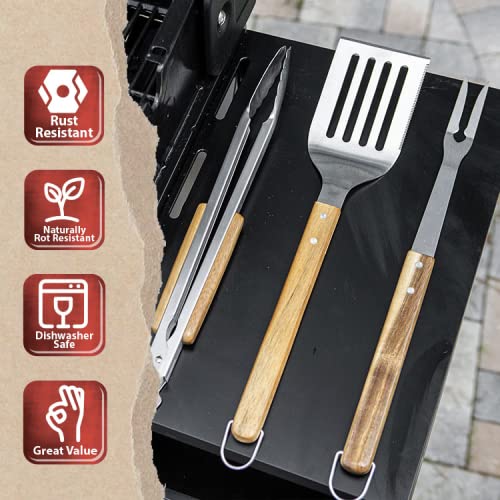 Bbq-Aid 3 Piece Grill Set Bbq Accessories - Kitchen Tongs, Metal Spatula & Fork Utensils - Heavy Duty Stainless Steel Barbecue Grill Utensils For Outdoor Grill With Solid Sturdy Wood Handles #TOP1