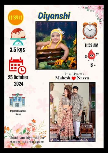 Image of Personalized Baby Birth Announcement Photo Frame, Marble Design with Birth Details and Parents Photo, A4 Size Black, 2 Photo(s), 10 X 13 Send photos WP -8905457154, Order id, Birth Memory Photo Frame (1, Yellow 7)