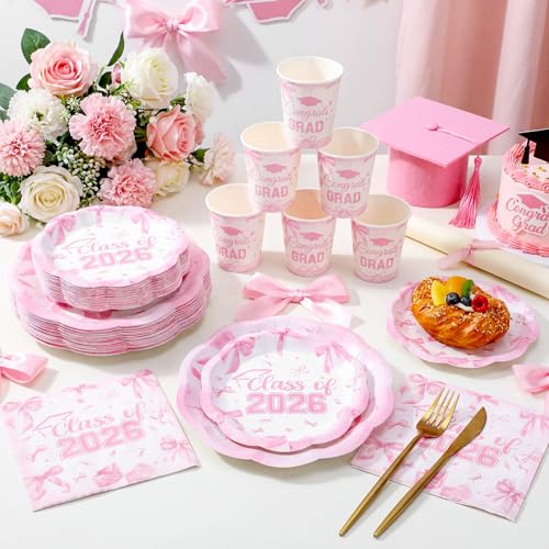 Newtay 250 Pcs Pink Bow Graduation Disposable Plates and Napkins Pink Congrats Grad Disposable Tableware Set for 50 Guests Paper Plates Napkins Cups for Girls Nurses Graduation Party Supplies by Newtay - Image 5