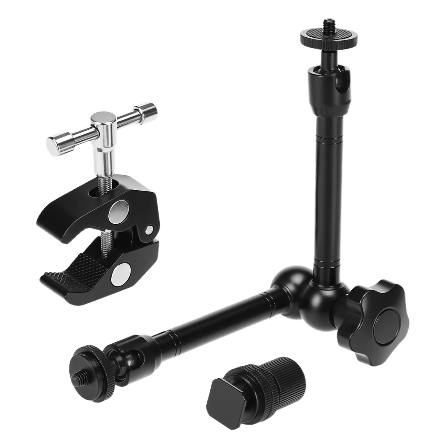 QWORK® Brazo articuladode 10 Pulgadas con Soporte de Zapata fría y Abrazadera Tipo Cangrejo con Rosca de 1/4" y 3/8": Ideal para cámara, Monitor, luz LED y más