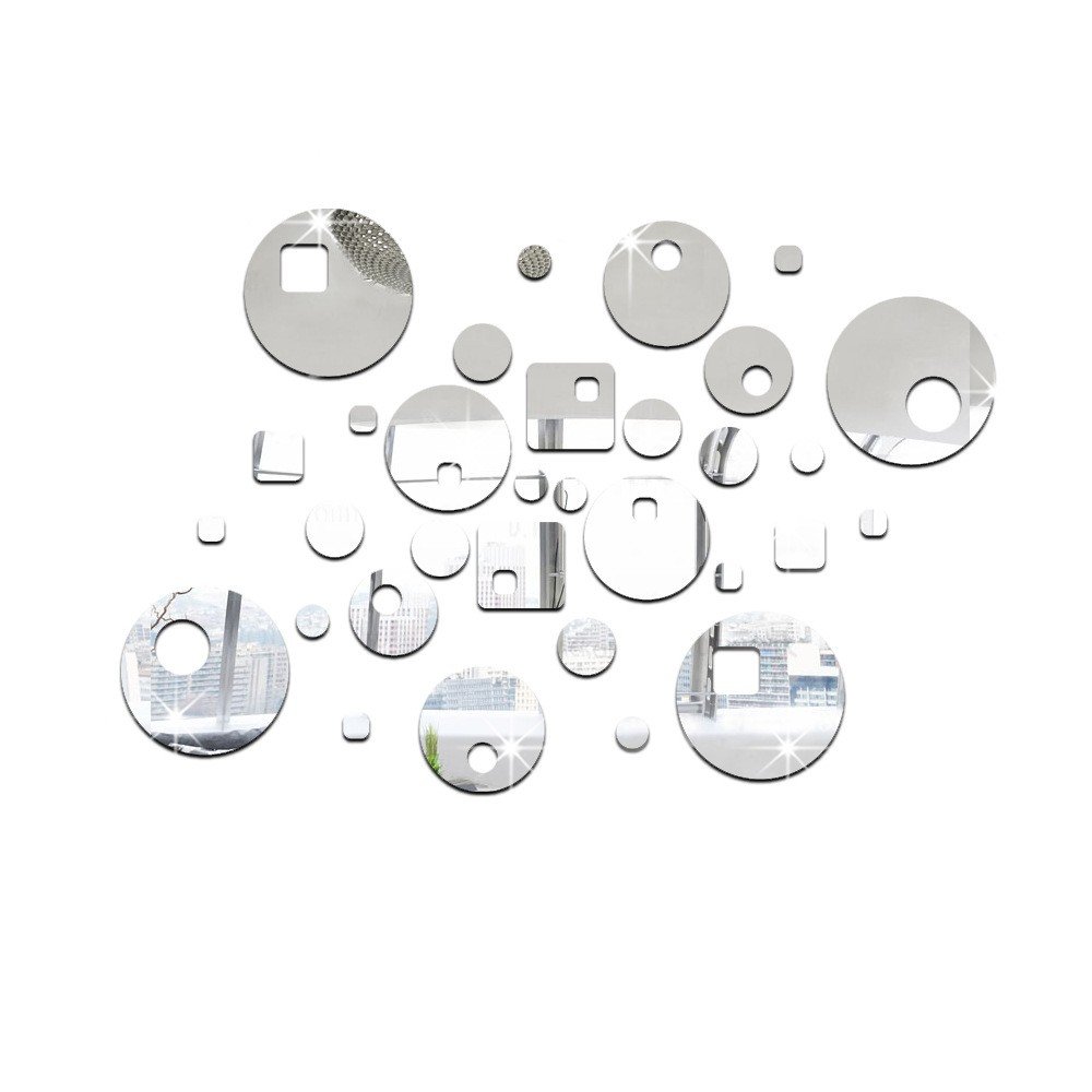 HEYING Mirror Circle Mirror Square DIY Wall Decal,Creative Decorative Mirror Wall Sticker (Silver)