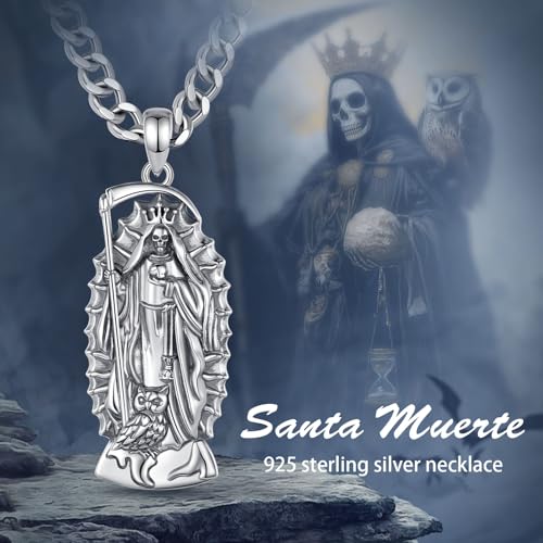 S925 Sterling Silver Santa Muerte Necklace for Men Women, Vintage Santa Muerte Holy Death Pendant Amulet Skull Grim Reaper Jewelry Original Gifts for Women Mens, 22+2inch4