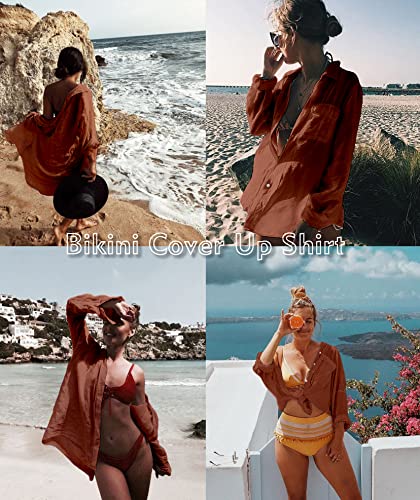 Image of Zoye Chen Women's Bikini Swimsuit Cover Up Button Down V Neck Shirts Long Sleeve Blouse Beachwear Bathing Suit