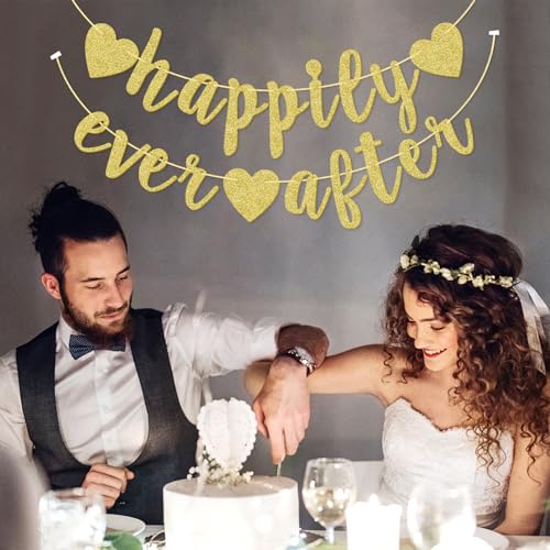 Image of Happily Ever After Banner, Glod Glitter Engagement Decoration for Bridal Shower, Wedding Party Photo Booth Props Signs, Pre-Strung Cursive Bunting (Gold)