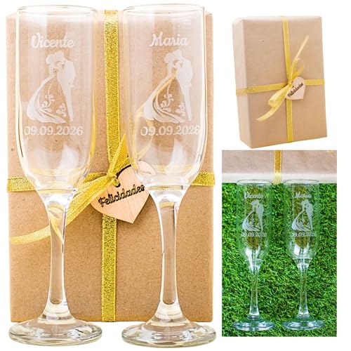 Olesea Copas Personalizadas Set de 2 Grabadas con Nombres | Regalo para Boda, Novios, Bodas de Oro o Aniversario | Estuche de Lujo Incluido (2 Copas Boda)