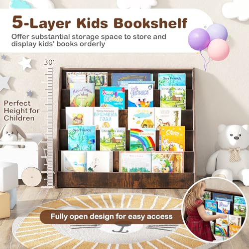 Image of HONEY JOY Kids Bookshelf, 5-Tier Wooden Toddler Bookcase, Children Book Rack & Magazine Display Shelf, Toy Storage Organizer, Book Shelf for Kids Rooms, Playroom, Nursery, Classroom (Rustic Brown)