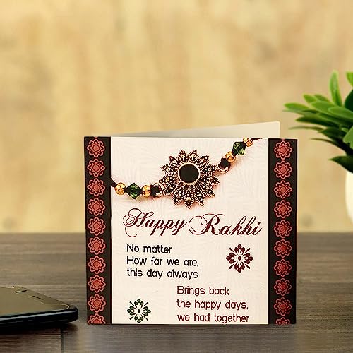 Image of TIED RIBBONS Rakhi for Brother - Set of 2 Premium Rudraksha Trishul Bracelet Rakhi for Brother Bhaiya Kids Boys Men with Greeting Card and Roil Chawal Tika
