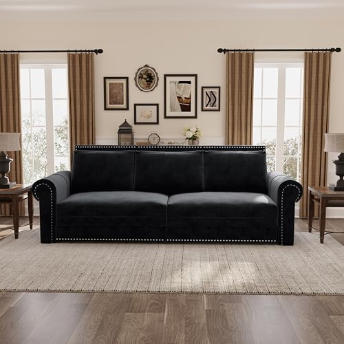 Image of Eafurn 93.7 inch King Size Pull Out Sofa Bed, 3-in-1 Convertible Sleeper Sofa Couch Bed with Nailhead Decor and Rolled Arms, Velvet Oversized Chesterfield Loveseat Chaise Lounge