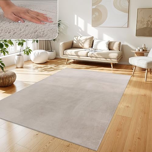 Paco Home Teppich Wohnzimmer Kunstfell weich waschbar modern elegant pflegeleicht Felloptik Uni Seidenglanz flauschig Kurzflor, Grösse:160x220 cm, Farbe:Beige
