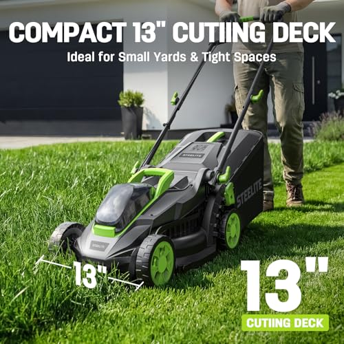 STEELITE 20V 13-Inch Electric Lawn Mower with 2 x 4.0Ah Batteries & Charger, Battery Powered Cordless Lawn Mower, 5-Position Height Adjustment, Mulching & Bagging for Small Yards