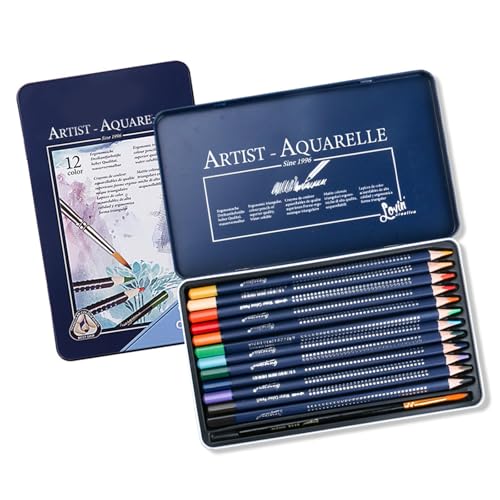 XAGMODSHN Lápices de colores con caja de metal, juego de lápices de acuarela preafilados con pincel para libros de colorear, solubles en agua