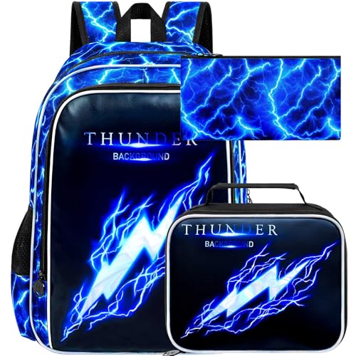 Image of 17 inch Backpack for Boy, 3Pcs Lightning Bookbag for Elementary Preschool Kindergarten, Kids School Backpacks with Lunch Box (Blue)