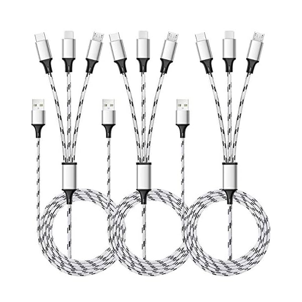 Multi Charging Cable, 5ft 3Pack Multi Charger Cable Nylon Braided Multiple USB Universal 3 in 1 Charging Cord Adapter with Type-C, Micro USB Port Connectors for Cell Phones and More