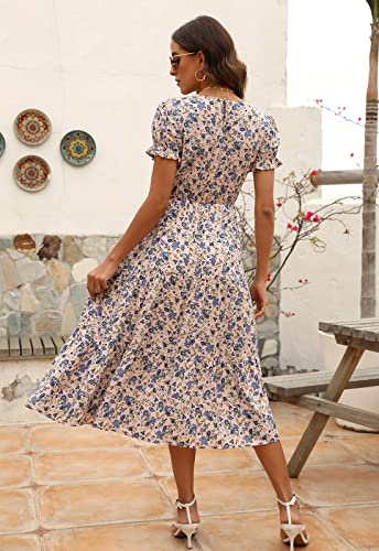 Image of NAVINS Womens Floral Print Modest Wedding Guest Midi Dress with Pockets | Puff sleeve tiered boho dress for summer, church, and vacations. Elastic waist, Below knee, hand or machine wash.