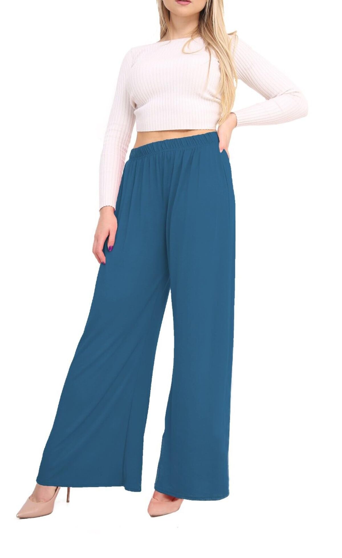 Purple Hanger Women's Teal Stretch Elasticated Baggy Wide Leg Palazzo Plain Loose Fitted Trousers Pants Plus Size (As8, Numeric, Numeric_16, Numeric_18, Regular, Regular, )