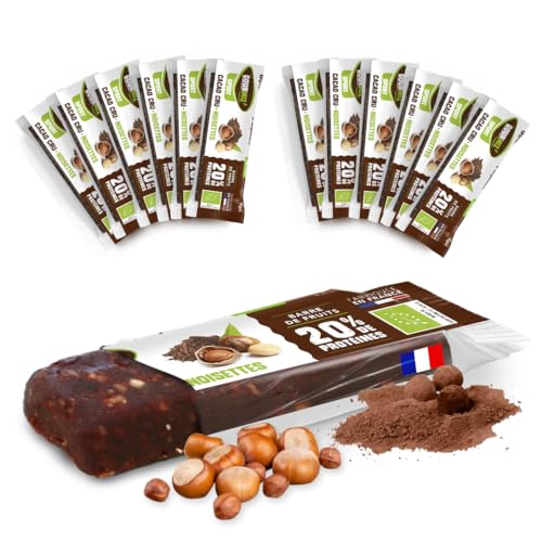 Gourmiz' - 12 x 40gr (20% proteína), barritas energeticas, avellanas, cacao crudo, dátiles, barritas proteinas sin azucar añadido, sin gluten, vegano, snacks, protein bar, proteina vegana