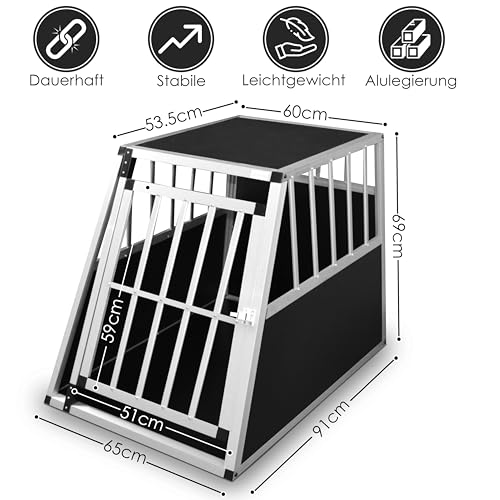 Defacto Hundetransportbox Alu Hundebox Reisebox Autobox Gittertür abschließbar Aluminium Transportbox für Hunde Tiertransportbox (Silber, (XL) 91X65X69 cm)