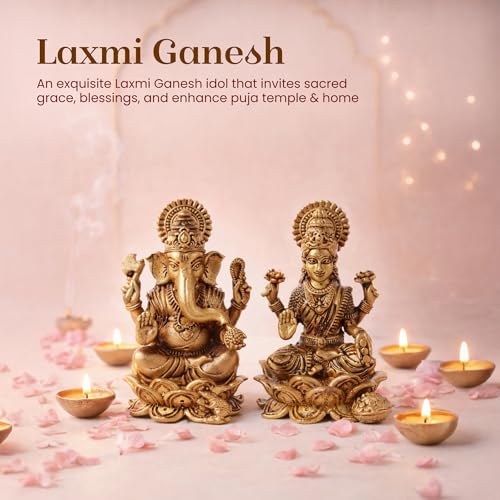 Image of Habere India-All the Cultures Fabricating India Brass Lakshmi Ganesh Idol Set for Pooja Room | Pure Brass Lakshmi Ganesh Murti for Home | Decorative Statue for Mandir (Design09: L4.5 x W4 x H6 cm)