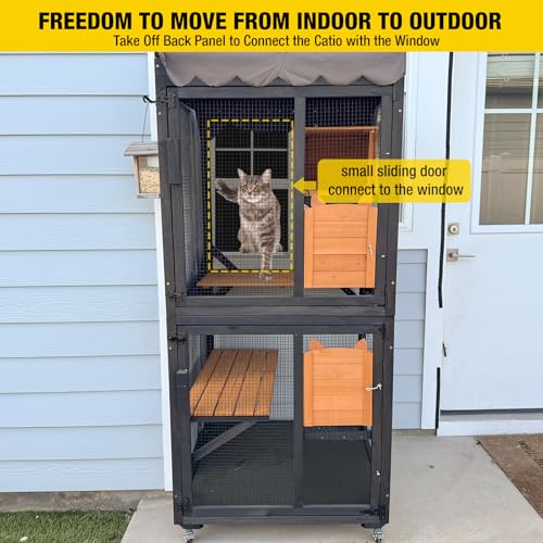 Image of Aivituvin Outdoor Catio Cat Enclosures on Wheels Cat House 70.9 inch Large Kitty House with Upgraded Resting Box,Waterproof Roof Cover,Brown