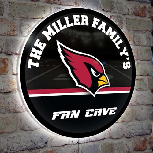 Team Sports America NFL Arizona Cardinals Personalized LED Light Wall Sign, Officially Licensed Team Logo with Customize Name/Text Sign Décor, Made in USA, Personalized Gift for Football Fans