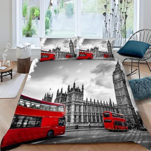 PUOJIEAT Housse de Couette 150x200 Londres, Royaume-Uni Parures de Lit 3D Imprimée Douce Literie Set Londres, Architecture Microfibre Housses de Couettes avec...