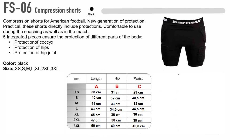 BARNETT FS-06 Short de Compression, 5 pièces intégrées, Football américain (3XL)