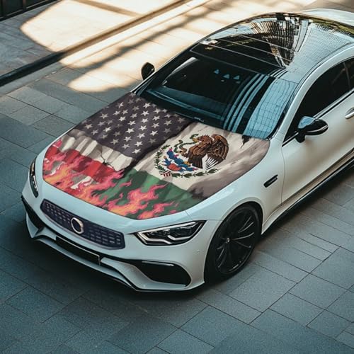 Image of Car Hood Cover Protector, an All-Weather Mexico USA Flame Flag Print Half Car Cover for Sunshade and Snow Protection, Suitable for All Seasons
