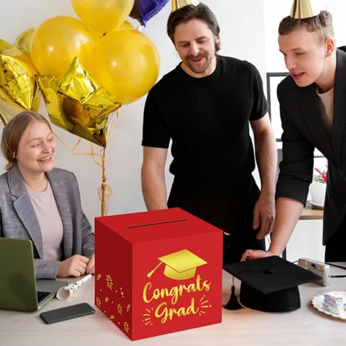 Image of Hooqict Graduation Card Box with Slot 9.1 inch Congrats Grad Red Gold Money Card Box for Class of 2026 Graduation Decorations Money Envelope Gifts Cards Holder Grad Party Supplies