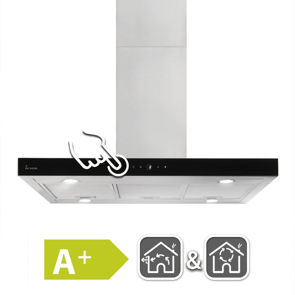 KKT KOLBE Delta Isola HC - Cappa aspirante 90 cm, in acciaio inox, vetro nero, app WiFi intelligente, Wi-Fi, funzionamento con sensore Touch