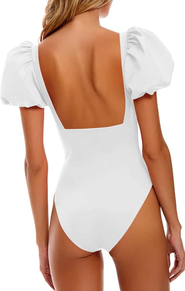 LANNEW Womens One Piece Swimsuit High Cut Swimwear Square Neck Bathing Suits Puff Sleeve Monokini Bikini at Amazon Women’s Clothing store