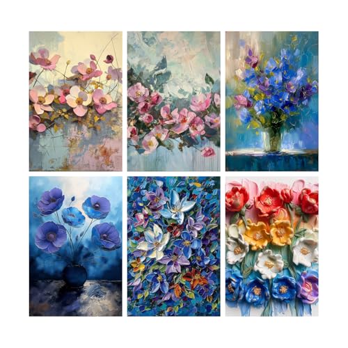 Image of SiddArtify Palette Knife Floral Art Print Set - Pink Blue and Rainbow Flowers - Sticker - 8x12 Inch - Pack of 6 Wall Room Decoration art Poster Prints