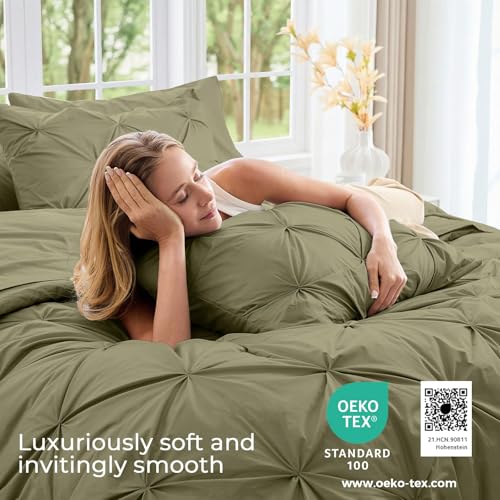 Image of Sasttie King Size Comforter Set, 7-Piece Bed in a Bag, Pintuck Bedding Sets for All Season, Includes Comforter, Flat Sheet, Fitted Sheet, Pillowcases and Pillowshams, Olive Green