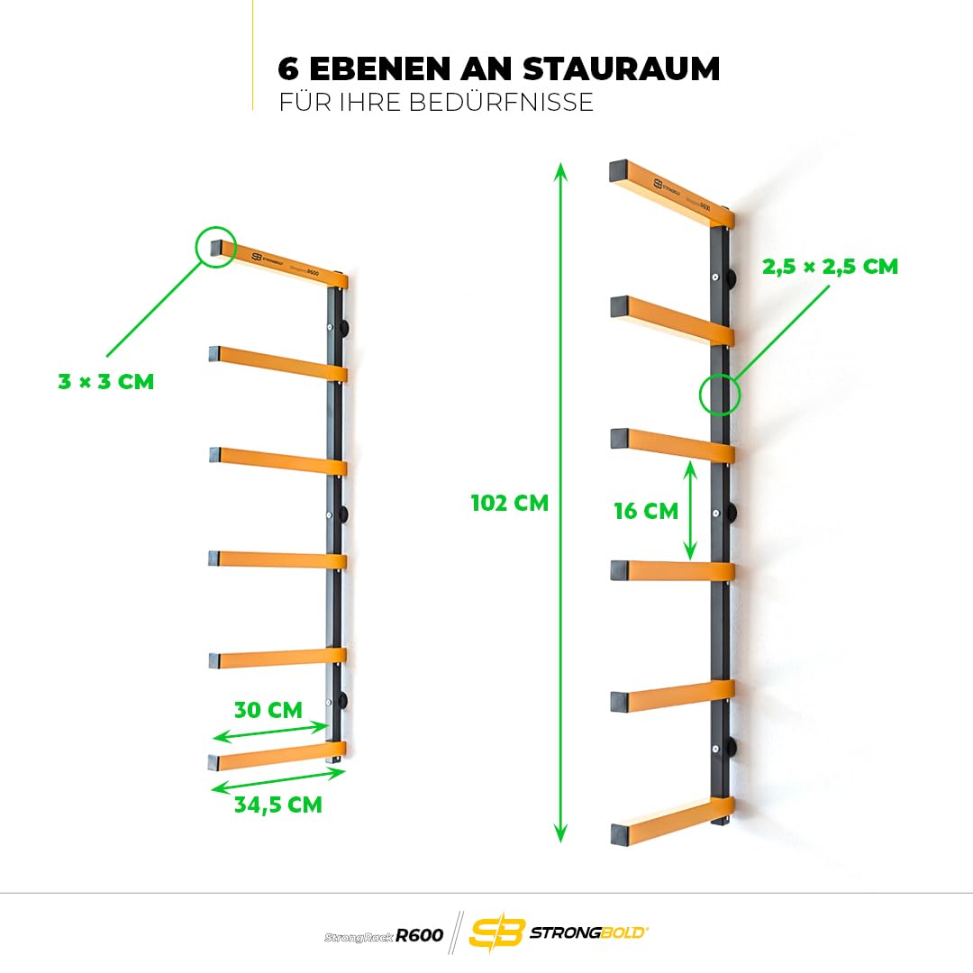 StrongRack R600 Schwerlastregal ⏐ Aufbewahrung Regal und Garage Organizer mit 6 Ebenen ⏐ Wandhalterung Regal für Ski und Gartengeräte Organizer