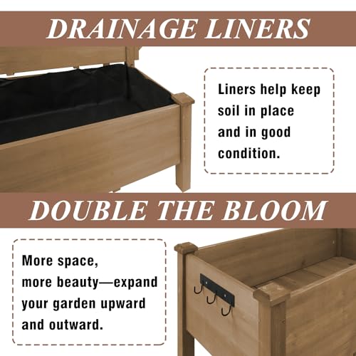 Image of ketive 2-Tier Raised Garden Bed with Legs Outdoor Elevated Garden Box,Storage Shelf,Protective Liner for Backyard,Patio,Balcony,55x42x30in (Brown)