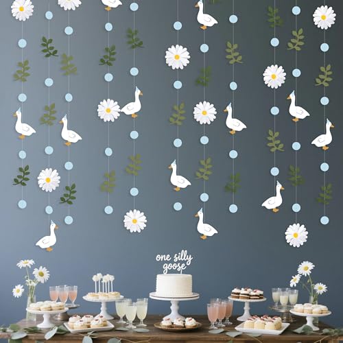 Image of Blue Silly Goose 3D Daisy Flower Leaf Polka Dot Hanging Streamer Garland Banner for Silly Goose Theme Birthday Wedding Shower Bridal Shower Spring Summer Themed Party Decorations Supplies