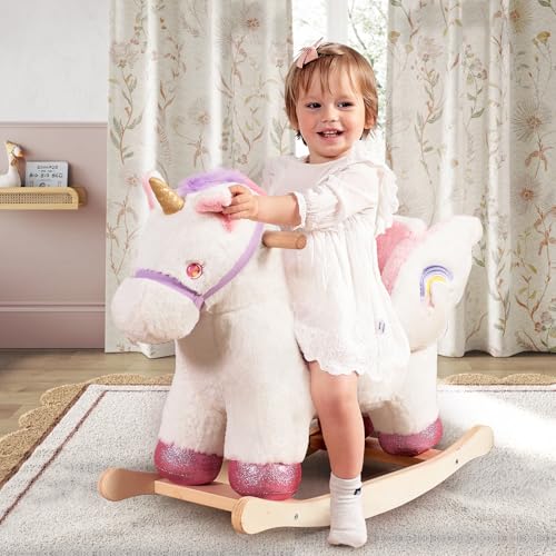Baby Rocking Horse,Unicorn Wooden Rocking Horse for Toddlers 1 Year Old Cute Pink Stuffed Plush Ride-on Rocking Animal for Baby Girls Nursery/Child Christmas or Birthday Gift