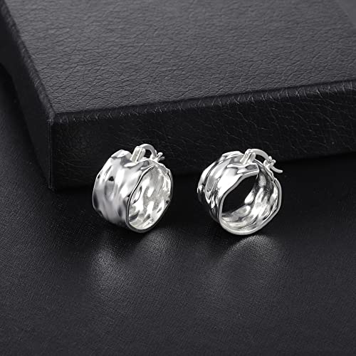 925 Sterling Silver Earrings Hammered Small Chunky Hoop Earrings for Women Hypoallergenic Texture Thick Hoop Earrings Wide Hoop Earrings4