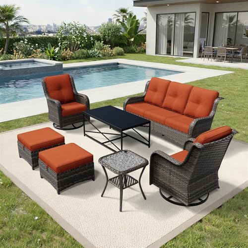 Image of Joyside 7 Piece Wicker Patio Furniture Set, Outdoor Swivel Rocker Patio Chairs with High Back, Deep Seating, Wide Armrest, Thickened Cushions, Outdoor Furniture for Deck, Porch Use