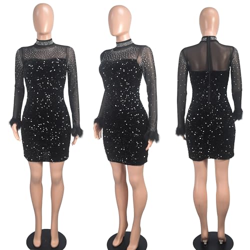 Image of Jigfar Women's Sexy Rhinestone Sheer Mesh See Through Bodycon Dress Birthday Party Club Night Outfits