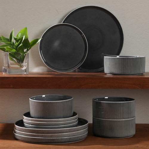 Image of Gibson Elite Solana Coast 12 Piece Stoneware Reactive Glaze (Service for 4) Ceramic Plates and Bowls Modern Shape Embossed Dinnerware Set - Black