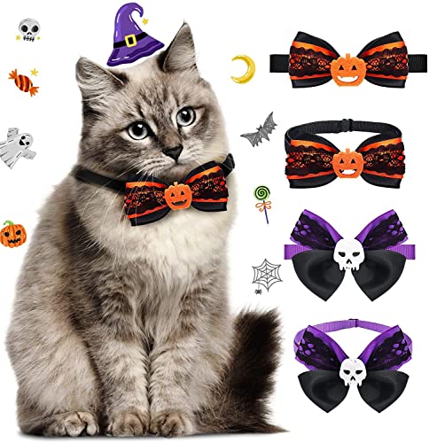 Halloween Cat Collars Breakaway with Bowtie Collars - 4 Pack, Safety Buckle Holiday Jack Lantern and Witch Soft Touch Adjustable Pet Collars for Kitty Cat Dogs Puppy Pets