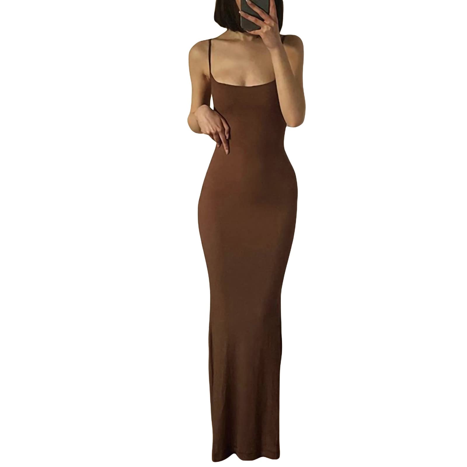 Damen Cami Bodycon Kleid Casual Basic Solid Kleid Spaghetti Strap Maxikleid TikTok Influencer Kleid