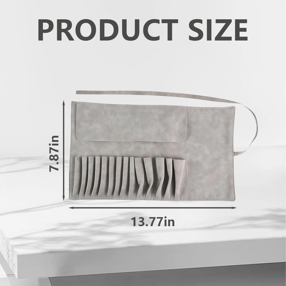 Estuche enrollable para brochas de maquillaje suave gris, organizador de brochas cosméticas mini, portátil, con 14 bolsillos, para viajes de negocios, bolsa de transporte
